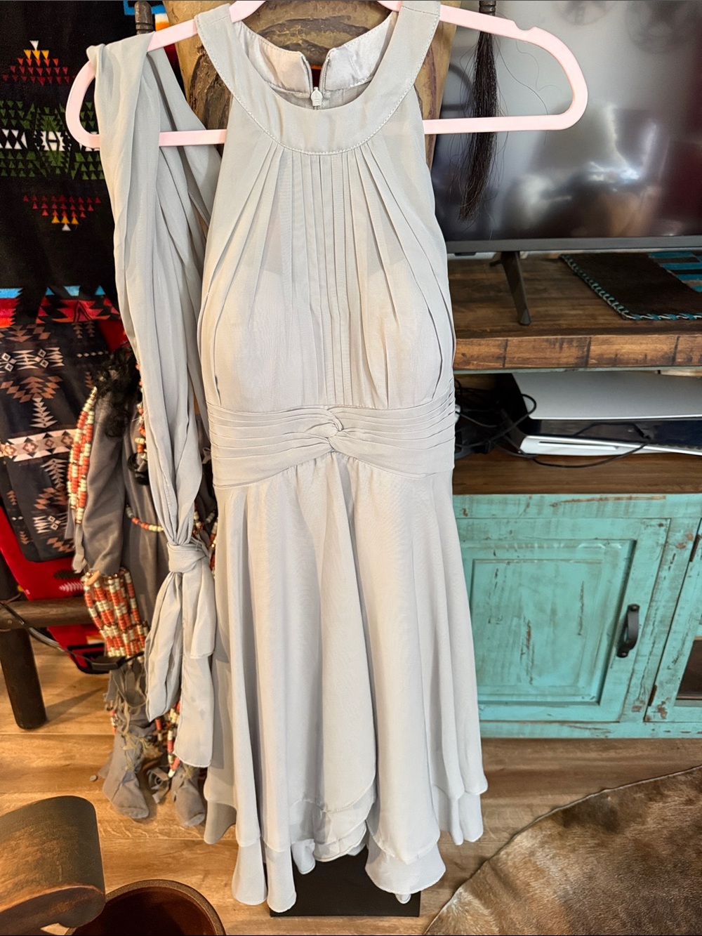 Elegant Light Gray Halter Pleated A-Line Dress